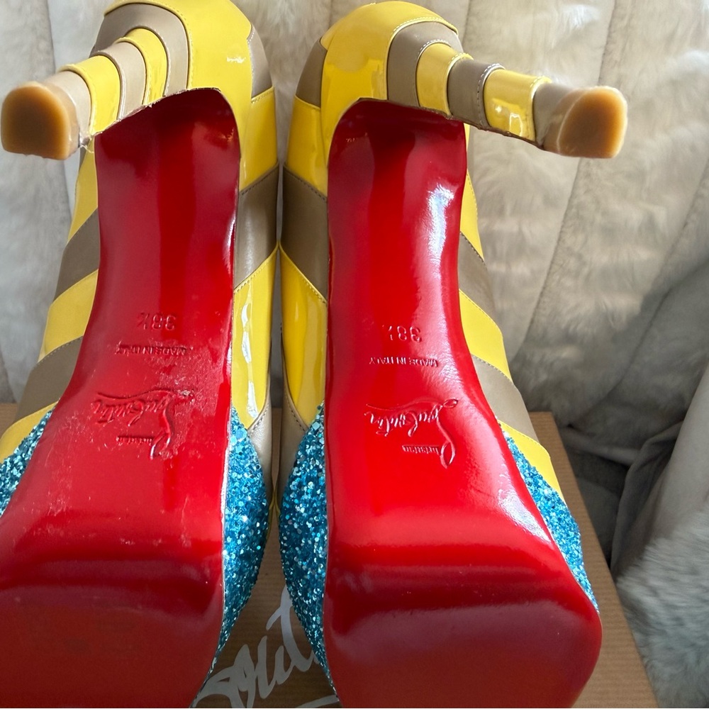 Christian Louboutin Foraine Yellow and Beige Heels with Blue Glitter Platform - Picture 5 of 10